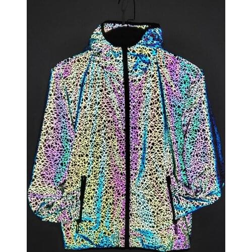 Autumn winter personality cool colorful stripe men reflective jackets hip hop jacket coat harajuku shiny reflect light chaqueta