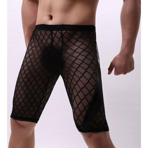 Mens Underwear Boxers PU Leather Mesh Patchwork Long Leg Underwear Homme Slip Calzoncillos Underpants Gay Panties Boxer Shorts