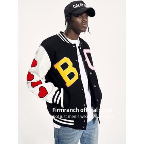 Firmranch New American Casual KANYE Baseball Coat Lover Embroidered Autumn/Winter Cotton-Padded Black Jacket For Men/Women