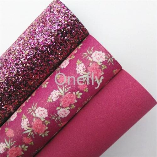 Onefly 21X29CM Rose Glitter Fabric, Flowers Printed Faux Leather, Suede Fabric Sheets For Bow DIY handbags shoes BQ075
