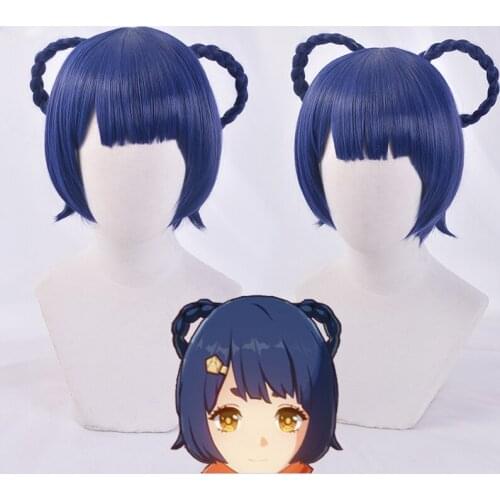 Game Genshin Impact XiangLing Cosplay Wigs Dark Blue Short Cosplay Wig Braided Wigs Heat Resistant Synthetic Hair + Wig Cap