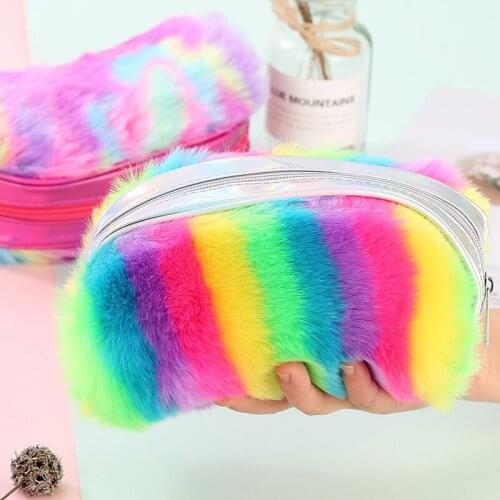Plush School Pencil Case Colorful Rainbow Pen Box for Girls Pencilcase Large Cartridge Sequin Makeup Penal Bag Stationery Pouch