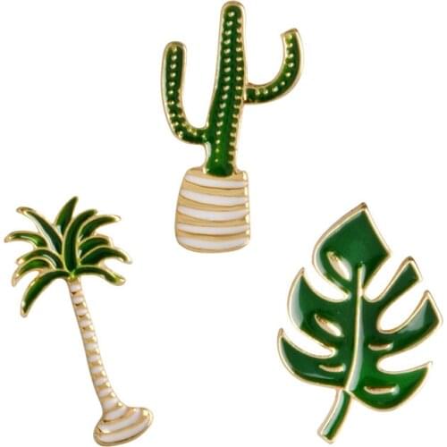 LSimple Cartoon Green Plant Coconut Tree Mexican Cactus Leaf Metal Enamel Brooch Pins DIY Button Pin Denim Jacket Pin Badge Gift