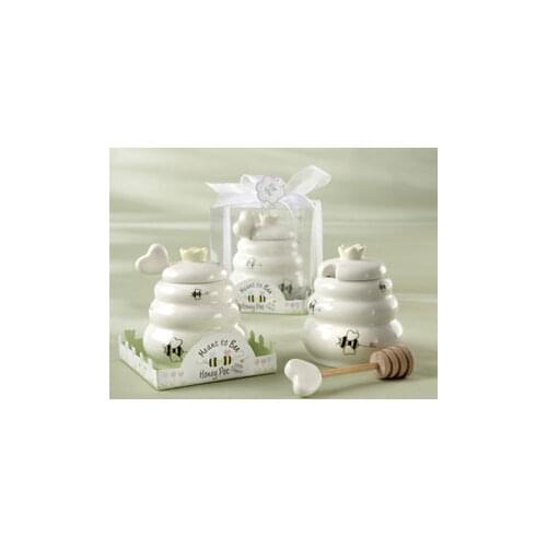 Promotion sale "Meant to Bee" Ceramic Honey Pot with Wooden Dipper wedding favor