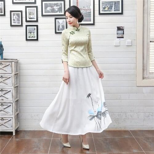 Shanghai Story New Sale Half Sleeve cheongsam top traditional Chinese Top Blend Linen Womens blouse top + Linen Skirt