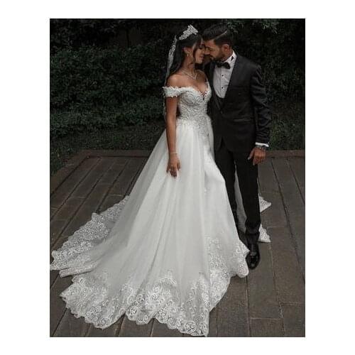 Lace Appliques Mermaid Wedding Dresses for Bride with Detachable Train Off Shoulder Wedding Bridal Dress Gown