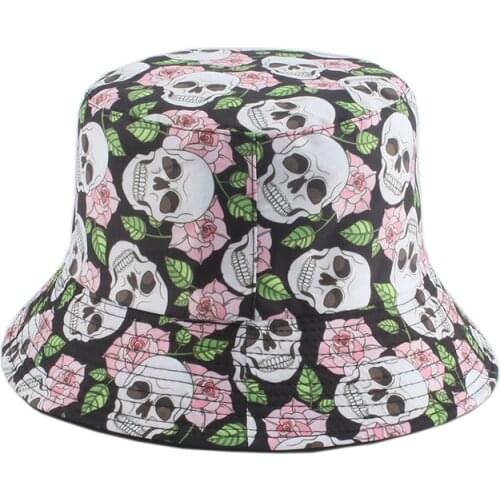 Streetwear Harajuku Hat Reversible Bucket Hats Flower Skull Print Hip Hop Cap Panama Fisherman Hat