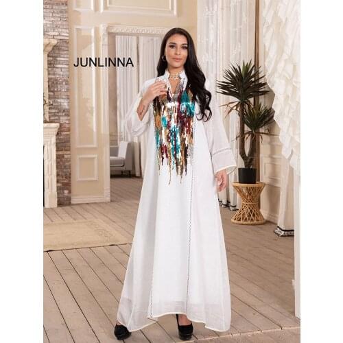 Sequins and Embroidery Formal Dress V Neck Long Sleeve Striped Mesh Materials Muslim Dresses