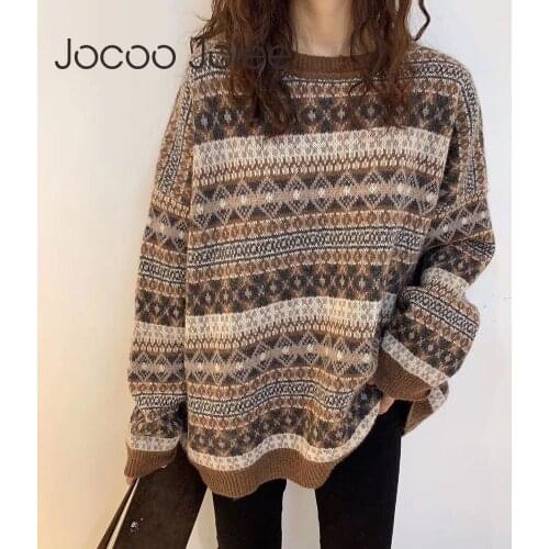Jocoo Jolee Vintage Geometry Pattern Knitting Sweater Long Sleeve O Neck Tops Autumn Casual Harajuku Loose Pullover Jumpers