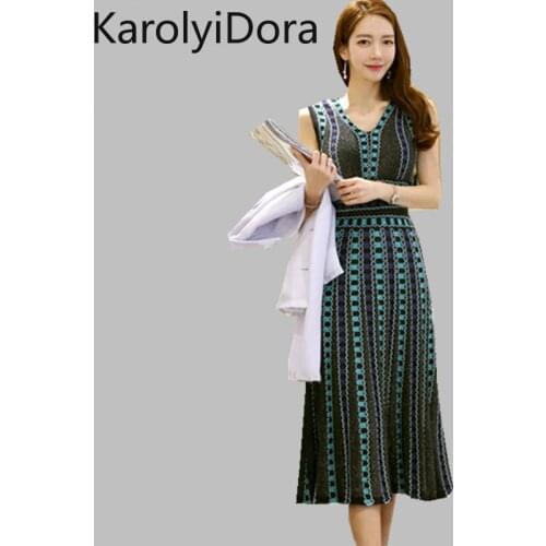 Women dress 2020 Summer Nen Long Knitted jacquard Sweater Vest Dress sexy V-neck Womens Color bright Sweater dress