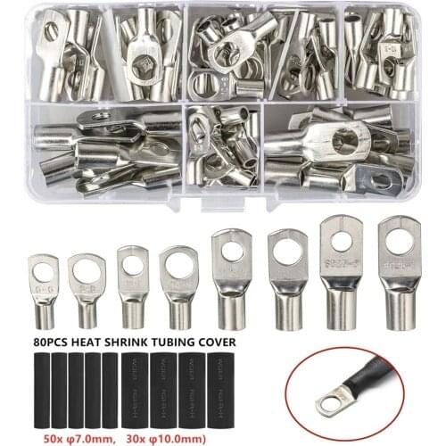 140Pcs Tinned Copper Lug SC Bare Terminal Ring Crimp Terminals Cable lugs Battery Connectors Heat Shrink Tubing Wire Connector