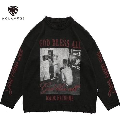 Aolamegs Sweater Men Boy Esthetics Illustration Letter Print Knitted Pullover Loose High Street Fashion Jumper Couple Streetwear