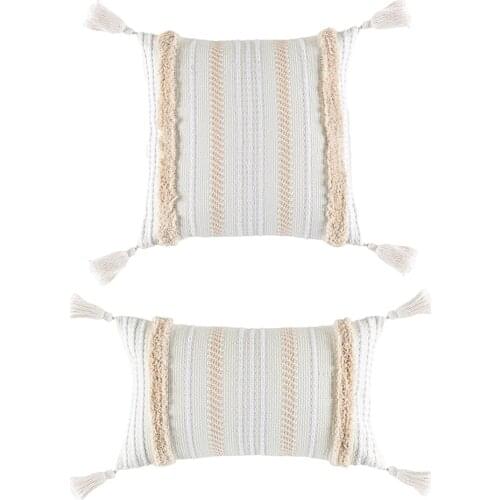 Decorative Linen Throw Pillow Cover, Farmhouse Rustic Pillowcase Striped Tufted with Tassels Cushion Cover Pillow Sham for Sofa