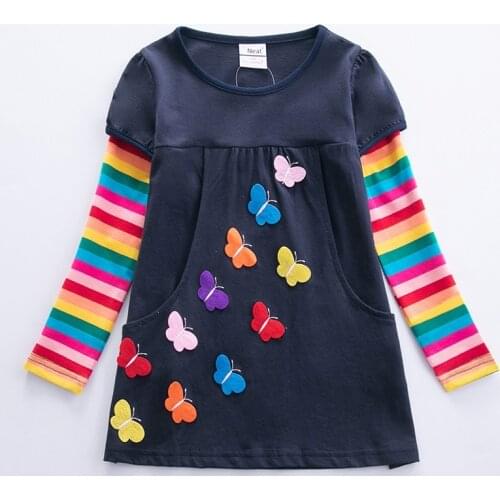Butterfly Girls Dress Long Sleeve Kids Dress Girls Autumn New Style Two Pocket Rainbow Striped Sleeve Cotton Dress