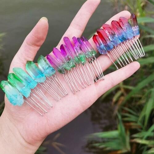 Gradient Ombre Rainbow Raw Quartz Hair Comb Contrast Colored Imitation Crystal Stone Wedding Tiara Ponytail Clip Hairp
