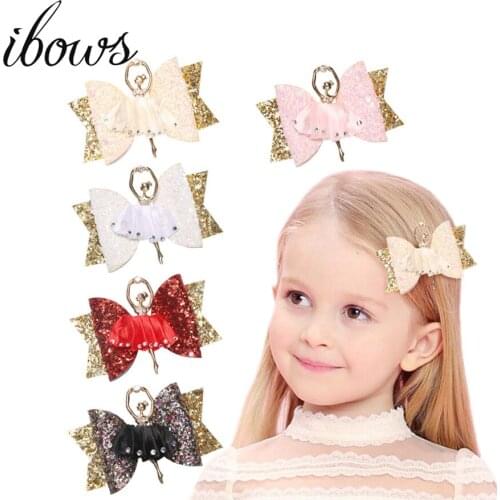 IBOWS Hair Accessories 3" Ballerina Chunky Glitter Hair Bow For Kids Women Cute Barrettes Hairpins Dance Girl Handmade Hair Clip