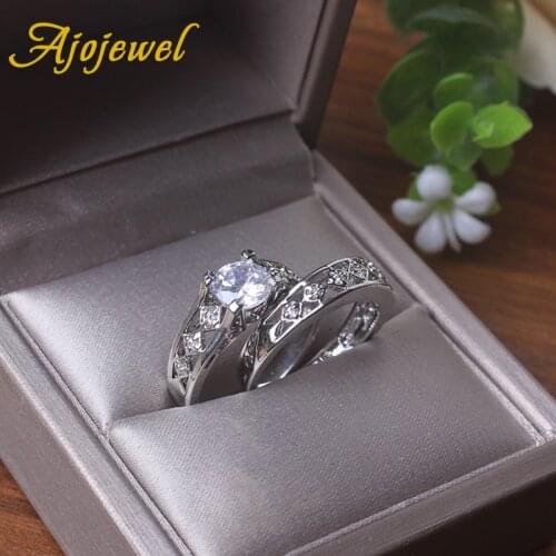 Ajojewel Copper Rings Set For Women Silver Color Cubic Zirconia Wedding Ring Wholesale Fashion Finger Jewelry Gift Bague Femme