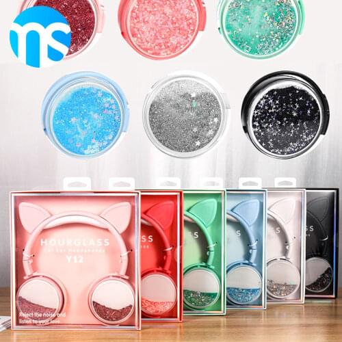MS Quicksand Sequins Cat Ears Girls Loli Wired Headphone Y2K Generation Z Earphone Audio Cable Wired Headset Portable Headphone