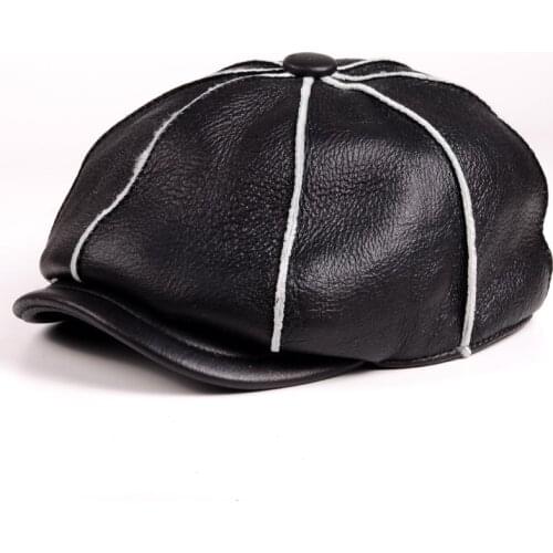 Mens Real Sheepskin Leather Shearling Fur hats Hand Crafted Mens winter army beret Newsboy Hats/caps