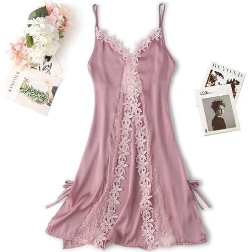 Appliques Sexy Nightgown Satin Women Lace Sleep Dress Loose Hollow Out Nightdress Sleepwear V-Neck Rayon Home Dressing Gown
