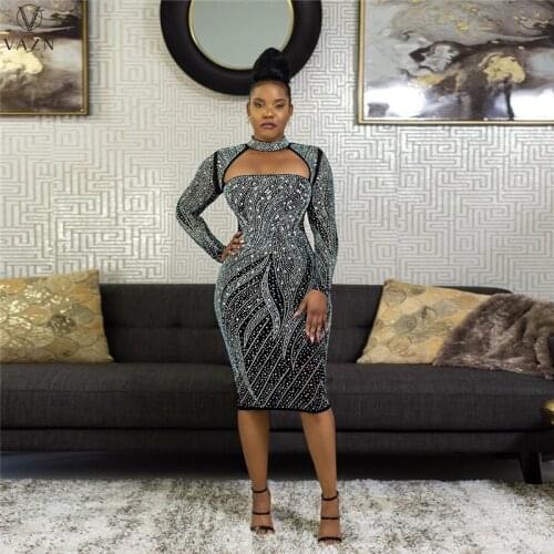 VAZN New 2021 Ladies Fashion High Street Style Long Dress Long Sleeve Round Neck Hollow Out Zipper Appliques Mid Long Dress