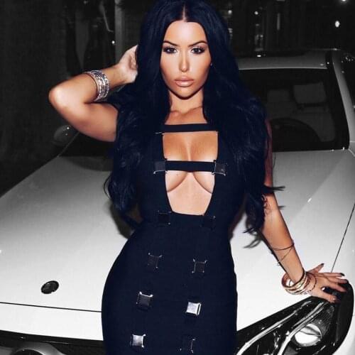 Charming Metal Embellished Cut Out Sexy Black Bandage Dress V Neck Sleeveless Mini Bodycon Party Bodycon Dress