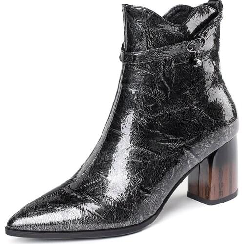 2019 new arrival pointed toe cow leather solid slip on chelsea boots med strange 6cm heels british style ankle boots