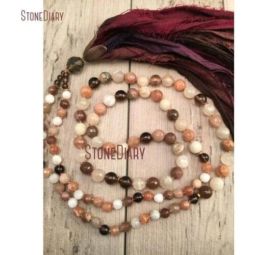 Wholesale Custom Mix Stone Moonstone Smoky Quartzs 108 Beads Mala Necklace Long Sari Tassel Pendant Knotted Yoga Beads NM11113