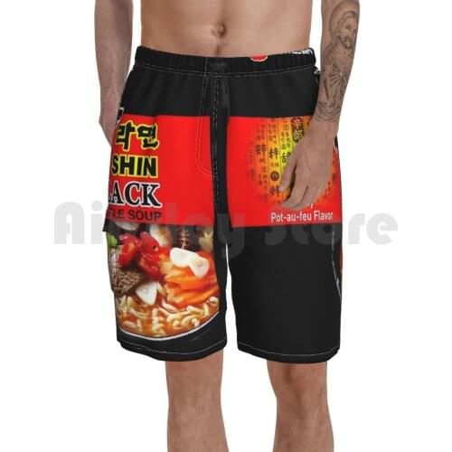 Nongshim-Shin Black Noodles Beach Shorts Men Beach Pants Swimwear Ramen Noodles Udon Nonshim Shin Black Spicy Red