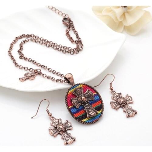 Boho cross alloy necklace sets Men Women Antique copper Plated Cross Pendant NecklaceGray African Bohemia neck Jewelry necklace