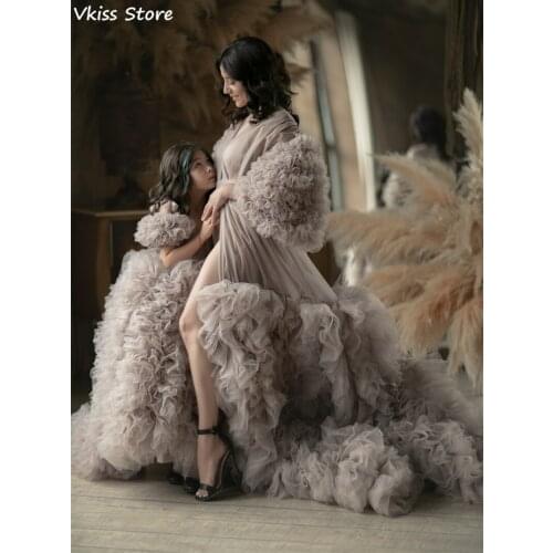 Vkiss Simple Evening Dress Tulle Tiered Long Train Split Illusion For Mother And Daughter Dress Photoshoot robe de soirée