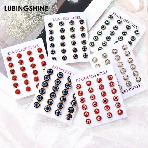 Vintage Red Blue Evil Eye Stud Earrings Gold Color Stainless Steel Round Small Earrings for Women Men Fashion Jewelry Gift
