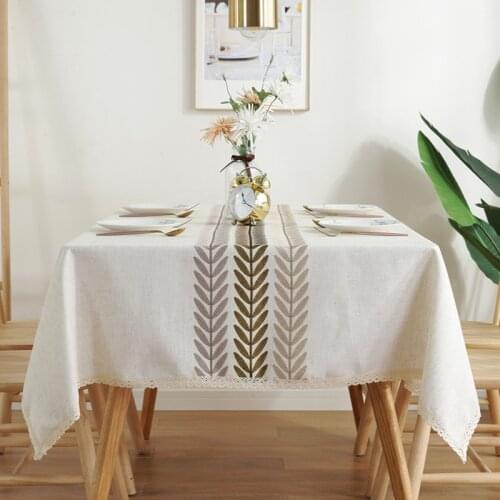 Water Resistance Wrinkle Free Heavy Weight Cotton Linen Tablecloth with Embroidery Fabric Table Cover for Outdoor and Indoor