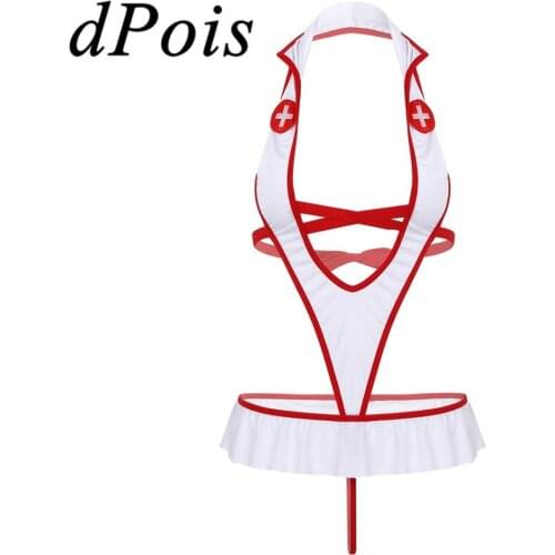 Women Sexy Nurse Uniform Role Play Costume Lingerie Set One-piece Sleeveless Backless Deep V Neck Leotard Bodysuit with Headband