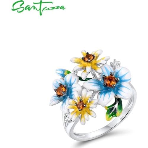 SANTUZZA 925 Sterling Silver Rings For Women Elegant Blue Yellow Blooming Flowers Cubic Zirconia Fine Jewelry Handmade Enamel