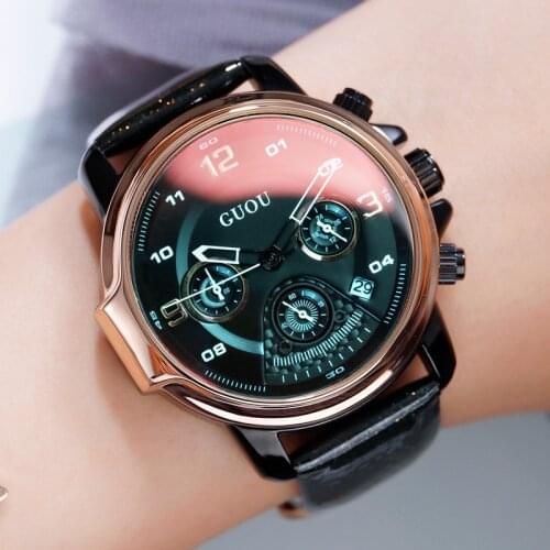 Women 3 Sub-dial Big Dial Quartz Watches Color Changing Glass Six-pin Calendar Genuine Leather Wristwatches New years Gift