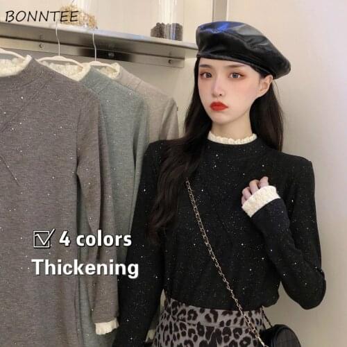 Sweaters Womens Lace Patchwork Thicker Plus Velvet Warm O-Neck Stylish Casual Ladies Pullovers Knitting Korean Style All-match