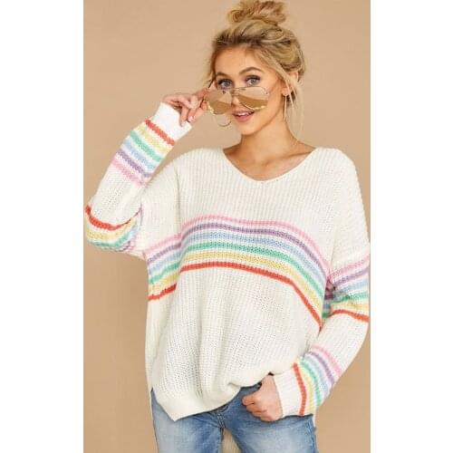 Womens Long Sleeve V-Neck Pullover Sweaters Rainbow Stripes Patchwork Knit Pullover Tops High Low Asymmetric Loose Jumper