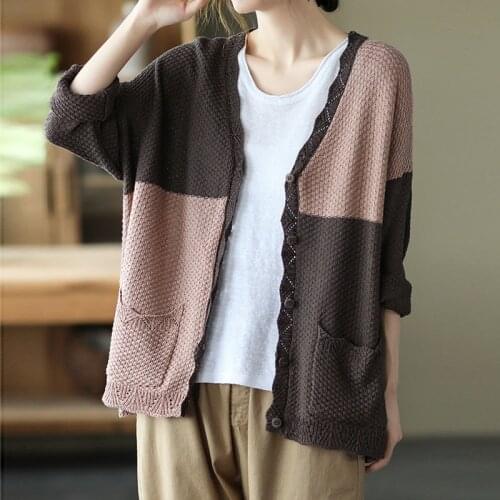 NINI WONDERLAND Patchwork Cotton Knit V Neck Casual Cardigan Coat Women 2021autumn Loose Long Sleeve Knitted Sweater Vintage