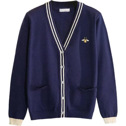 Womens Knitted Cardigan V-neck Cute Little Bee Embroidered Long Sleeve Thin Sweater Wholesale 2021 New Fashion Female Clothing