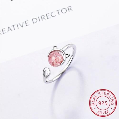 100% 925 Sterling Silver Cat Ring Cute Animal Strawberry Crystal Finger Rings For Women Adjustable Engagement Jewelry