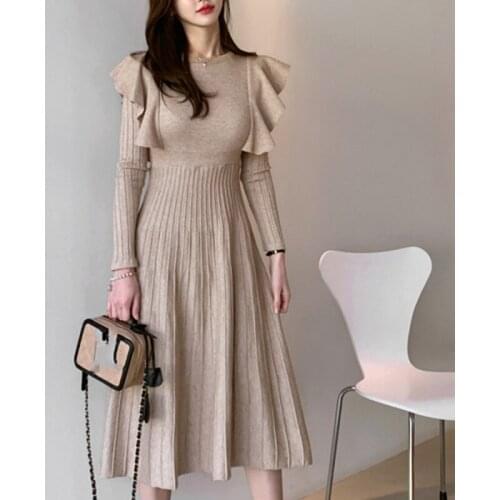 2020 New Fashion Elegant Midi Knitted Sweater Dress Winter Women Knit Bodycon Dress Ruffles Pullover Dresses