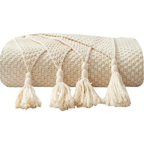 100% Cotton Knitted Throws and Blankets for Sofa Couch Bed Multiple Used Special Tassels Blanket Lightweight Cream Throw Four-Se