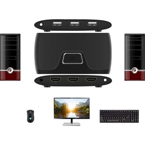 2-Port HDMI 2 in 1 out USB KVM Switch Splitter 2x1 3 USB Port For Shared Monitor Keyboard, Mouse Adaptive Printer Controller