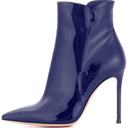 Bright Patent Leather Pointed Toe Side Zipper Thin High Heel Boots Women Pointy toed Short Ankle Boot Plus Size 45