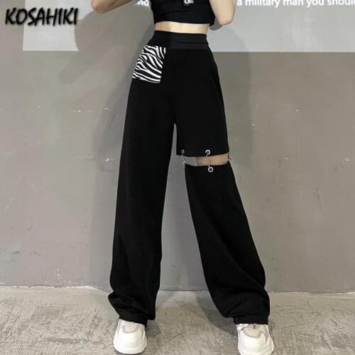 KOSAHIKI Streetwear Gothic Patchwork Black Women Loose Hollow-out Pants Joggers High Waisted Harajuku Korean Fashion Trousers