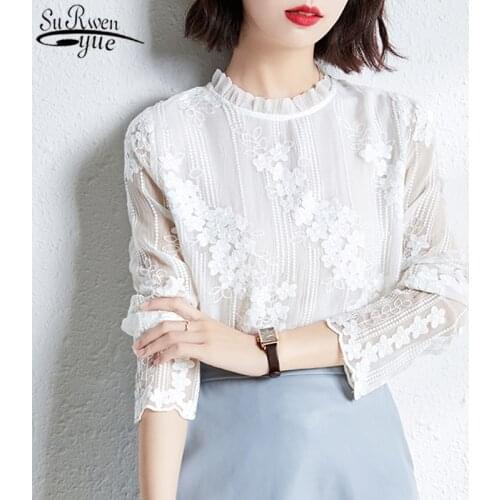 French New Loose Elegant Long Sleeve Womens Shirts Embroidered Flower O-Collar Cotton Lace Women Blouse Puff Sleeve Top 11442