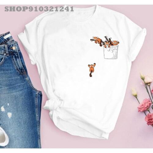 Kawaii Pocket Red Panda Bears T Shirt Women Harajuku Short Sleeve Cartoon T-shirt Printed Summer Tshirt Graphic Tops Tees Female