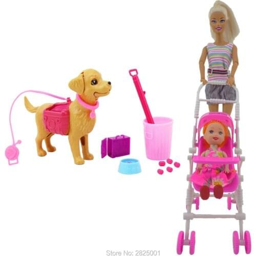 2 Items /Lots Baby Stroller + Dog Pet Sets Dog Food Bones Outside Dollhouse Puppet 1:6 Toys for Barbie Doll Kelly Kid xMas Toy