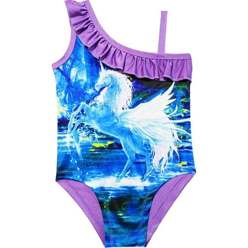 Unicorn Swimsuit for Girls 2019 Child Kids Girls 1-Piece Beach Swimwear One-Shoulder Girls Ruffle Bathing Suits